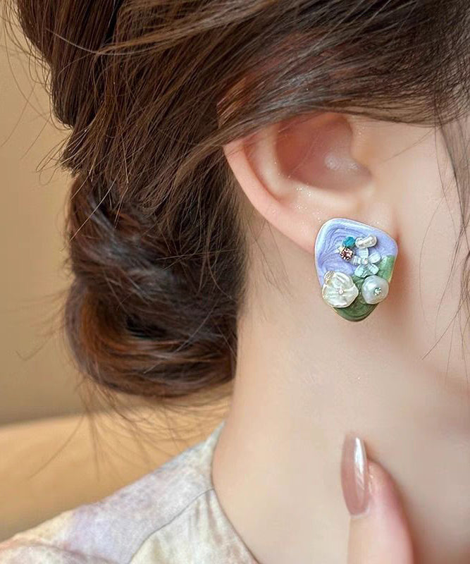 Modern Light Purple Alloy Zircon Floral Rice Beads Stud Earrings