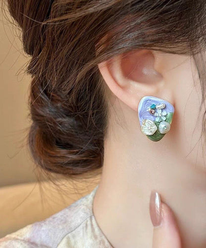 Modern Light Purple Alloy Zircon Floral Rice Beads Stud Earrings