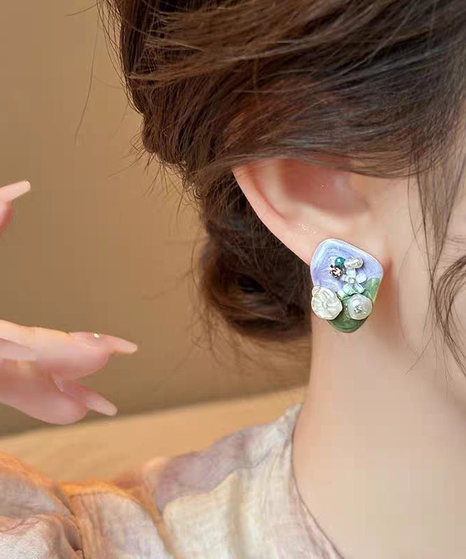 Modern Light Purple Alloy Zircon Floral Rice Beads Stud Earrings