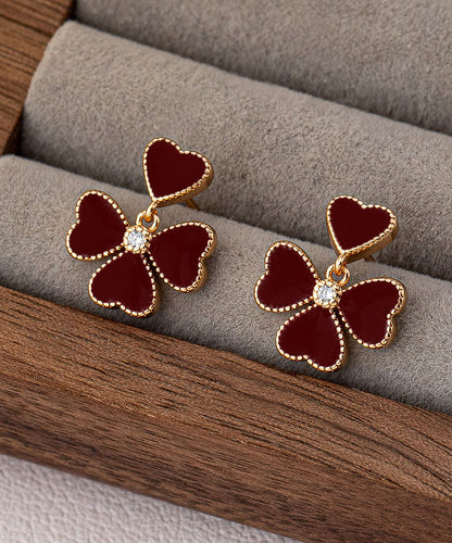 Modern Mulberry Copper Overgild Drip Glaze Four-Leaf Gold Stud Earrings