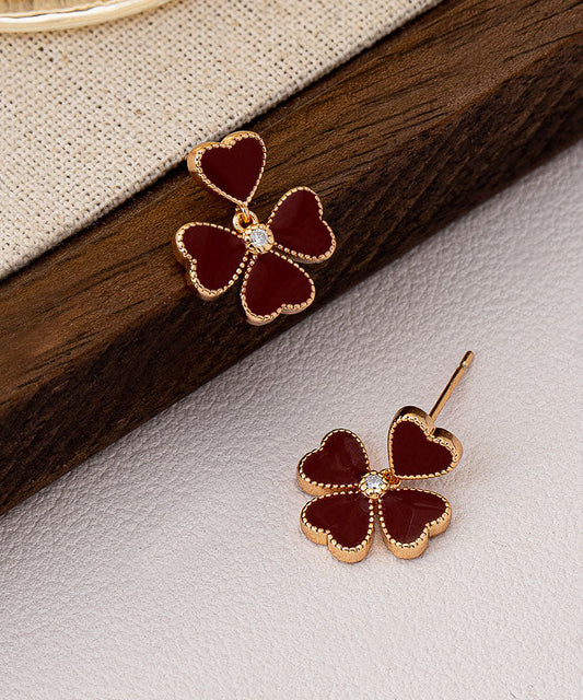 Modern Mulberry Copper Overgild Drip Glaze Four-Leaf Gold Stud Earrings