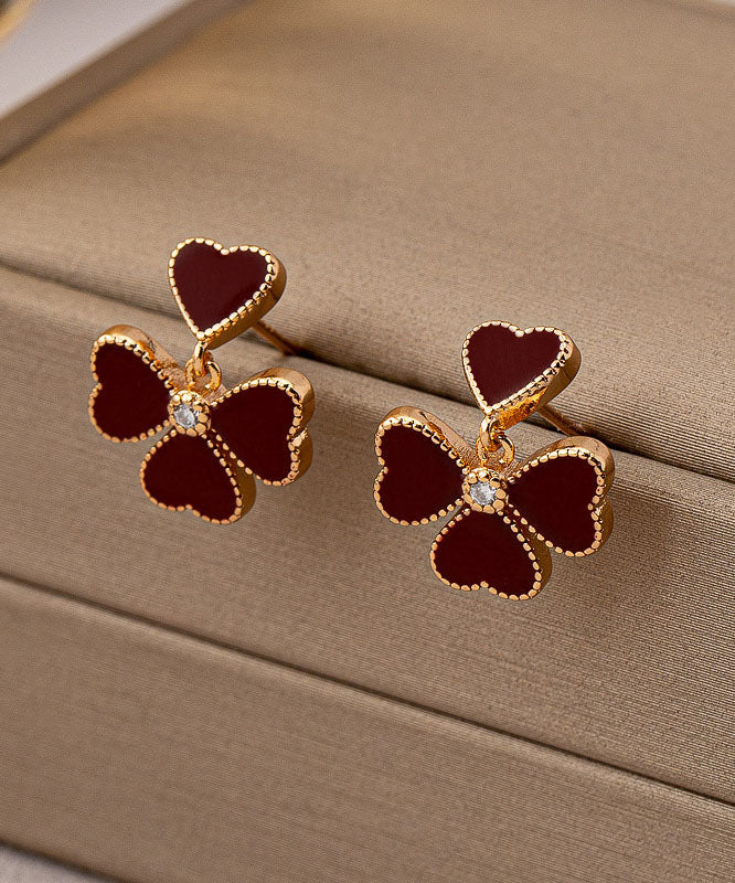 Modern Mulberry Copper Overgild Drip Glaze Four-Leaf Gold Stud Earrings
