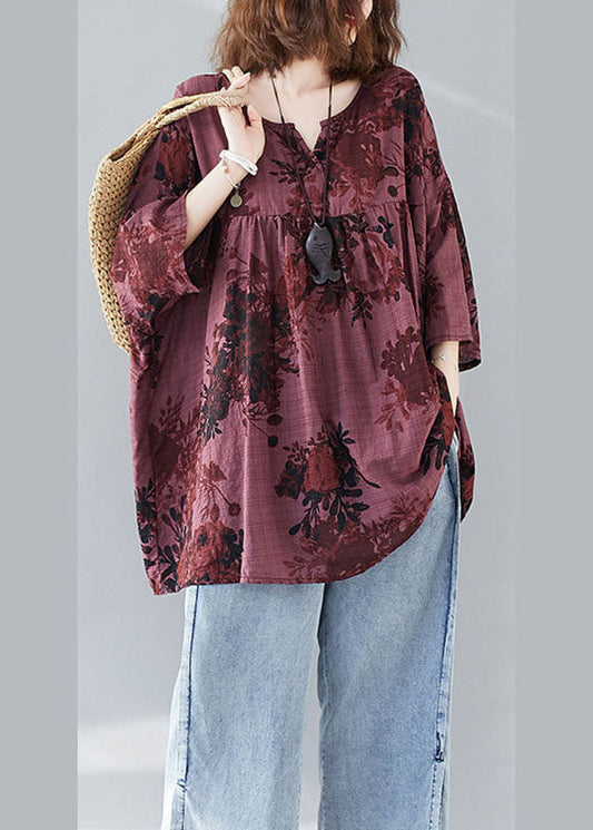 Moderne Mulberry V-Ausschnitt Patchwork Print Herbst Tops Dreiviertelärmel