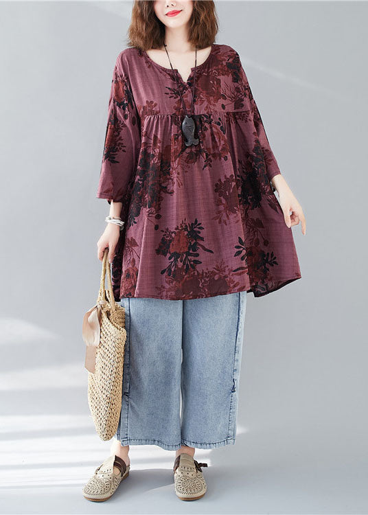 Moderne Mulberry V-Ausschnitt Patchwork Print Herbst Tops Dreiviertelärmel