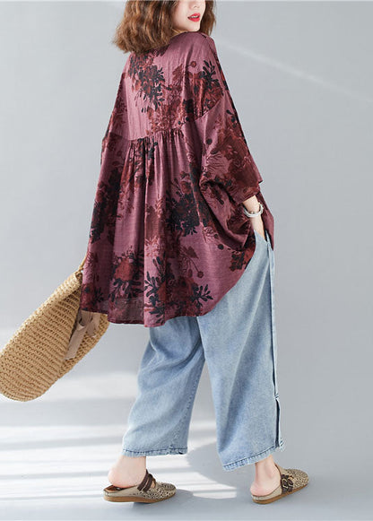 Moderne Mulberry V-Ausschnitt Patchwork Print Herbst Tops Dreiviertelärmel