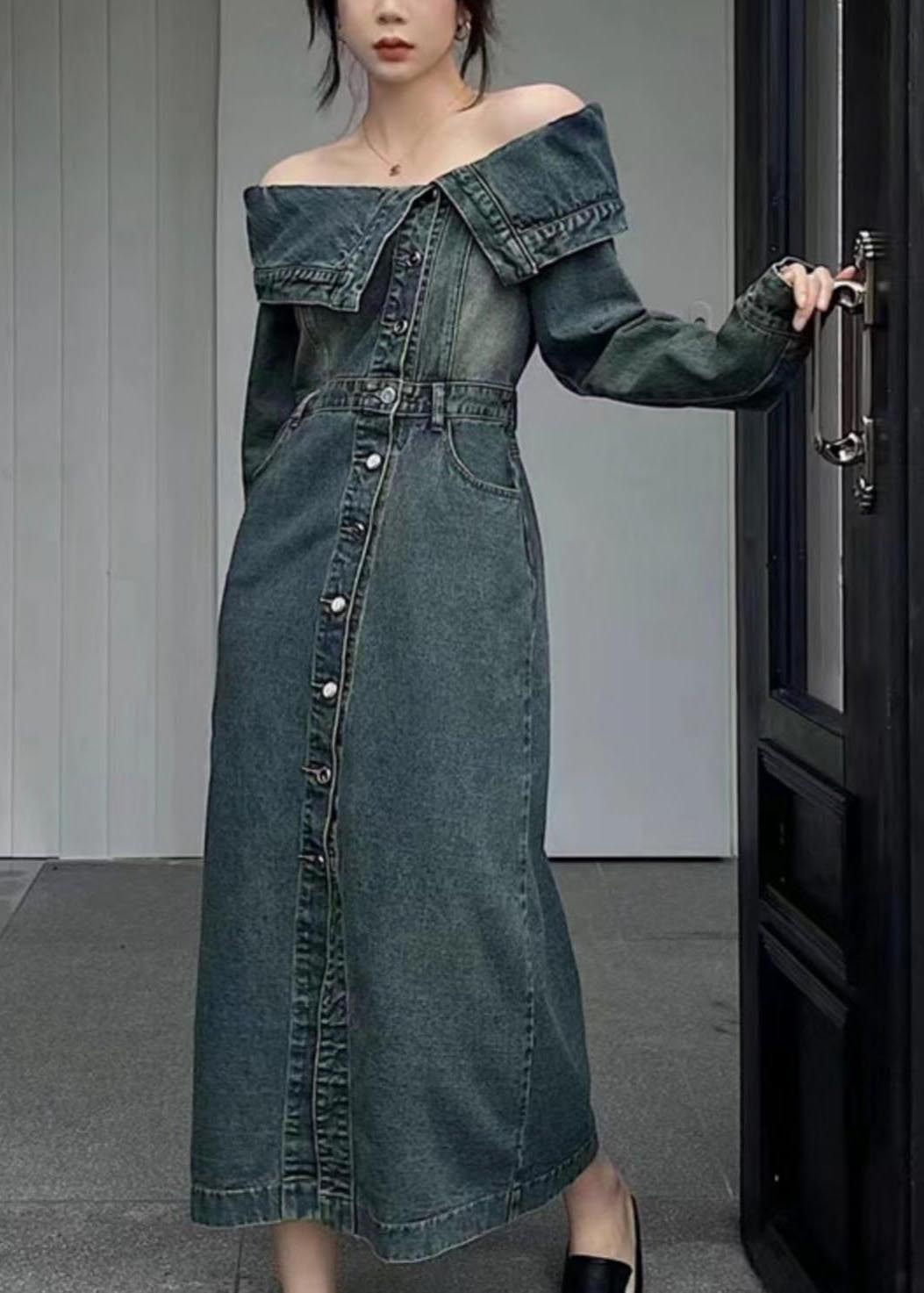 Modern Navy Cold Shoulder Side Open Denim Dresses Summer