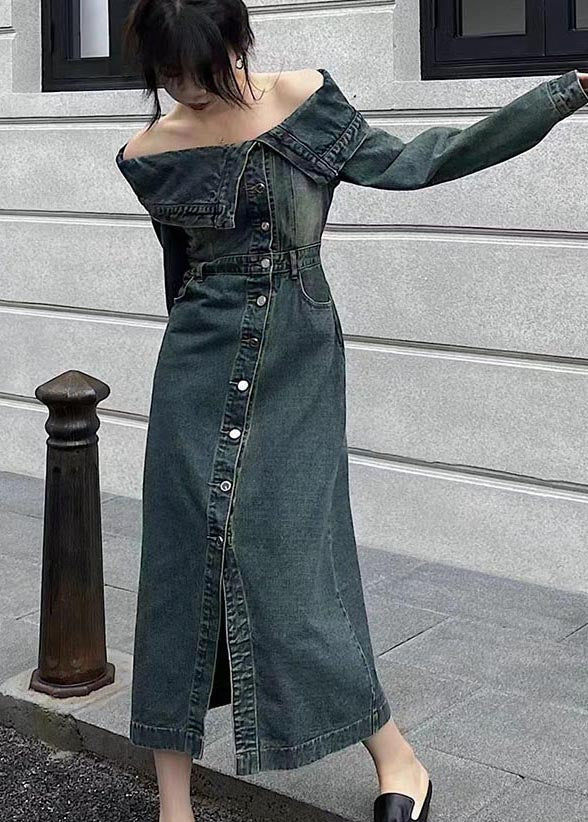 Modern Navy Cold Shoulder Side Open Denim Dresses Summer