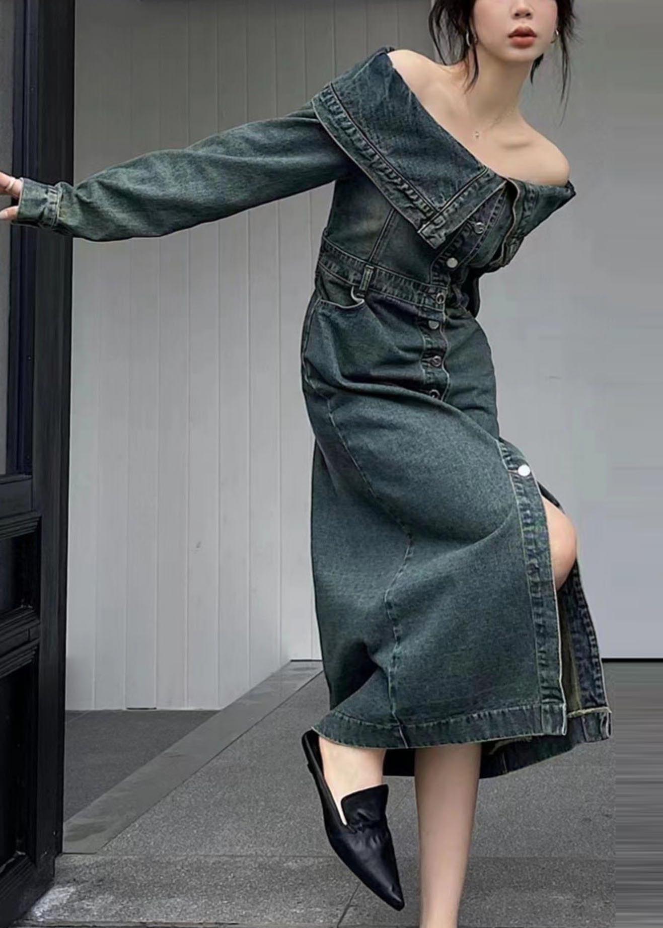 Modern Navy Cold Shoulder Side Open Denim Dresses Summer