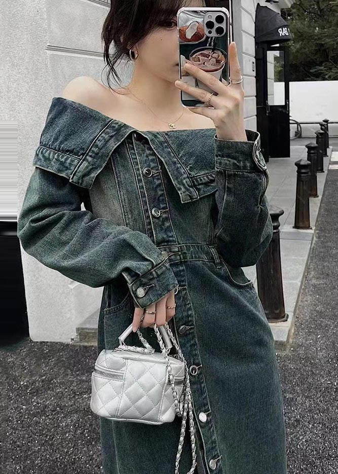 Modern Navy Cold Shoulder Side Open Denim Dresses Summer