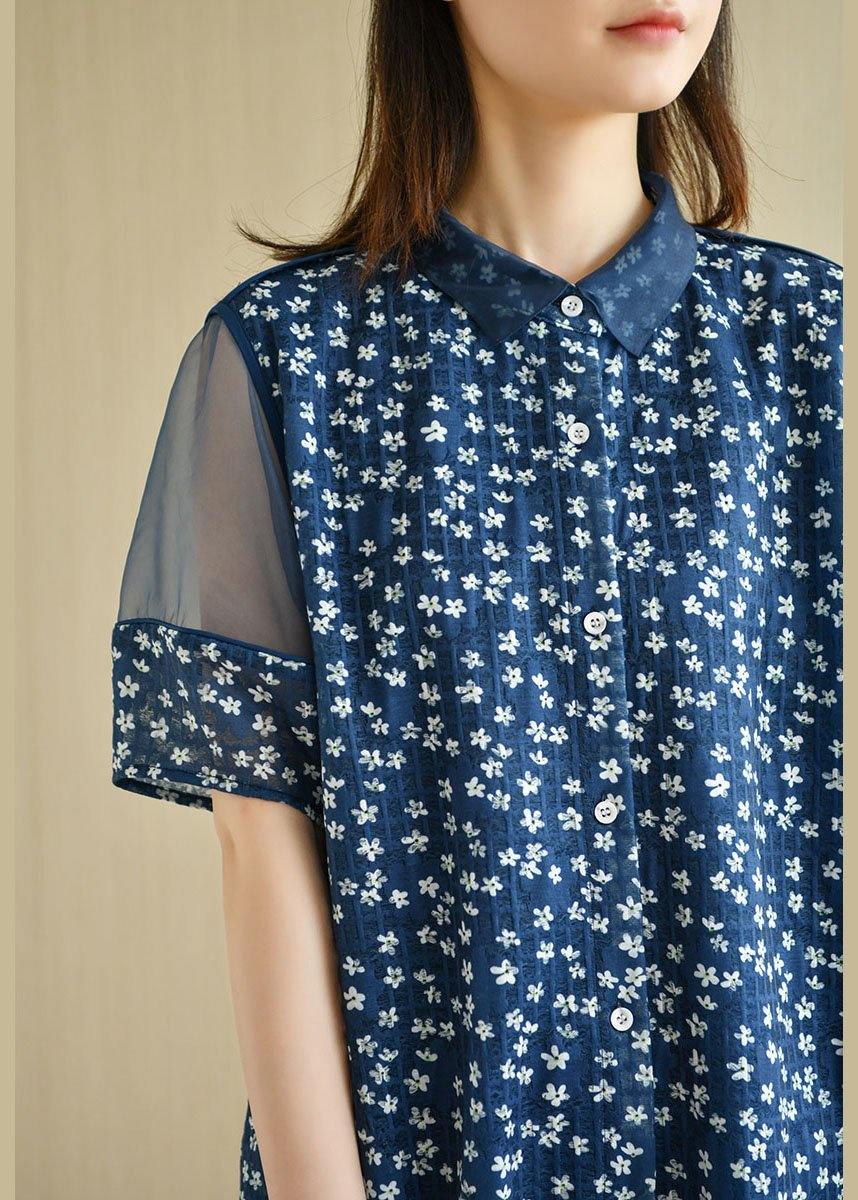 Modern Navy Peter Pan Collar Button Patchwork Tulle Summer Dresses Short Sleeve - SooLinen