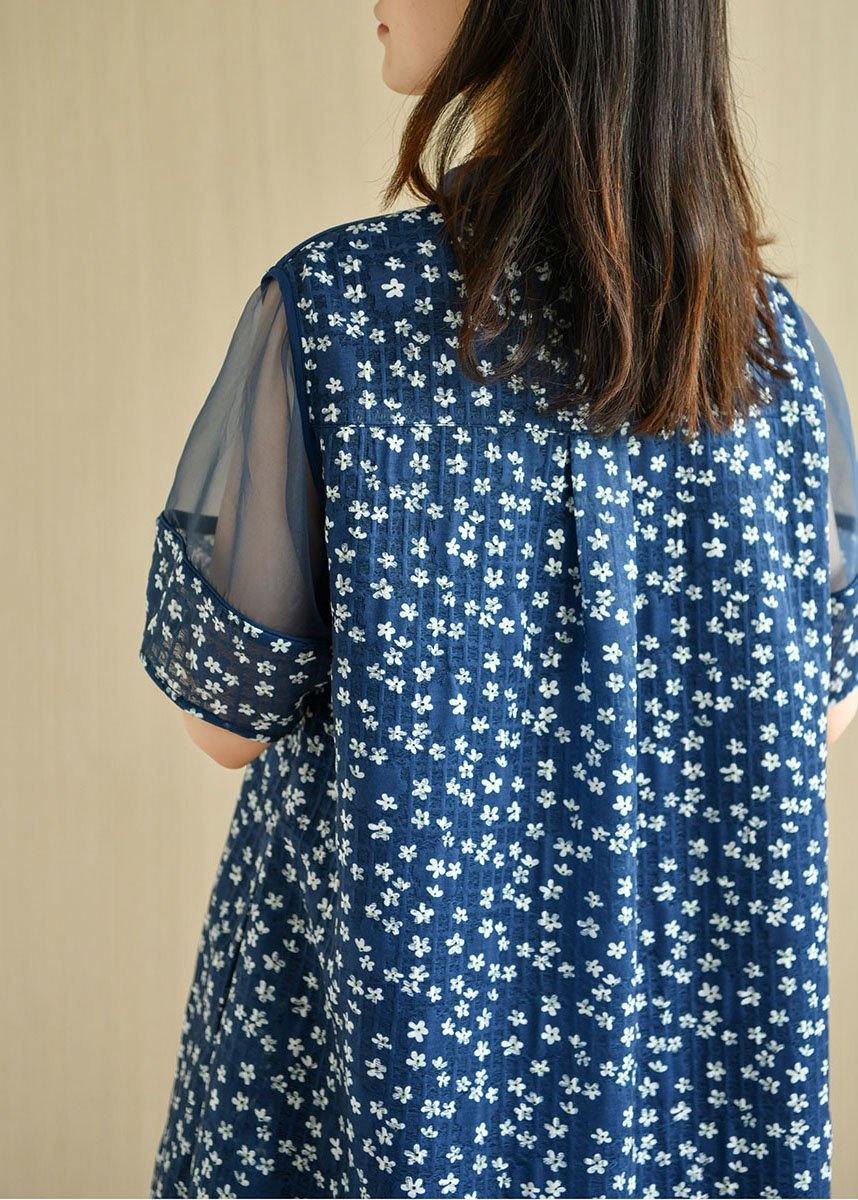Modern Navy Peter Pan Collar Button Patchwork Tulle Summer Dresses Short Sleeve - SooLinen