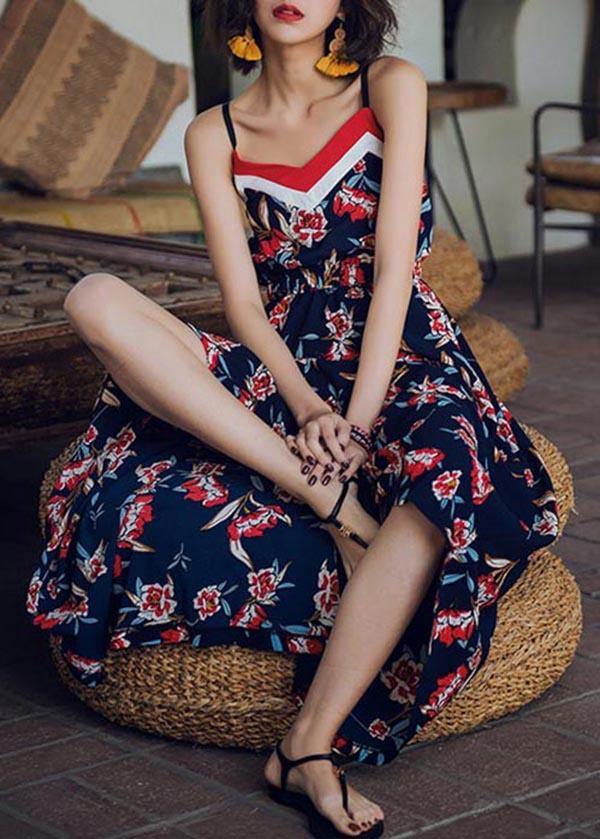 Modern Navy Print Backless Cotton  Maxi Dresses - SooLinen