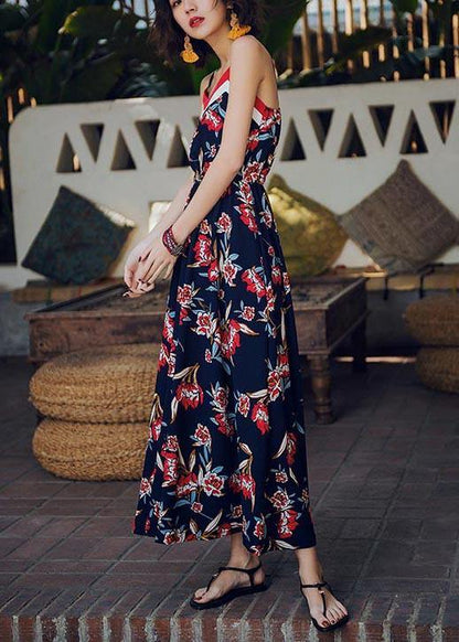 Modern Navy Print Backless Cotton  Maxi Dresses - SooLinen