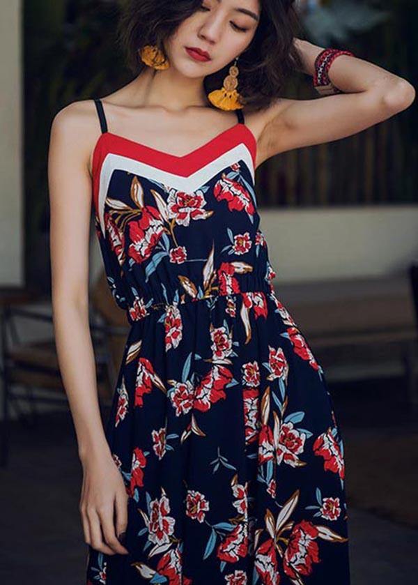 Modern Navy Print Backless Cotton  Maxi Dresses - SooLinen