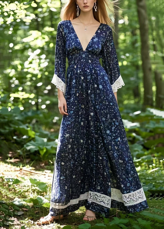 Modern Navy Print Patchwork Chiffon Long Dresses Bracelet Sleeve