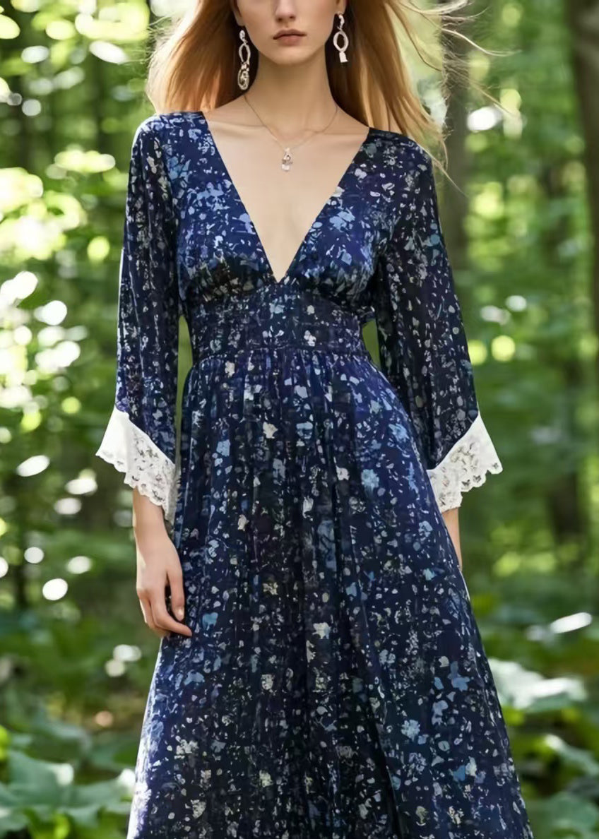 Modern Navy Print Patchwork Chiffon Long Dresses Bracelet Sleeve