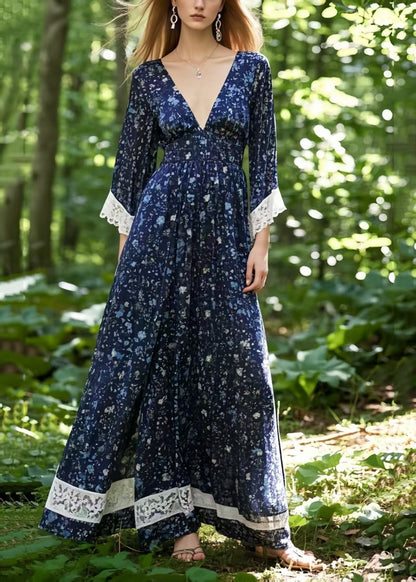 Modern Navy Print Patchwork Chiffon Long Dresses Bracelet Sleeve