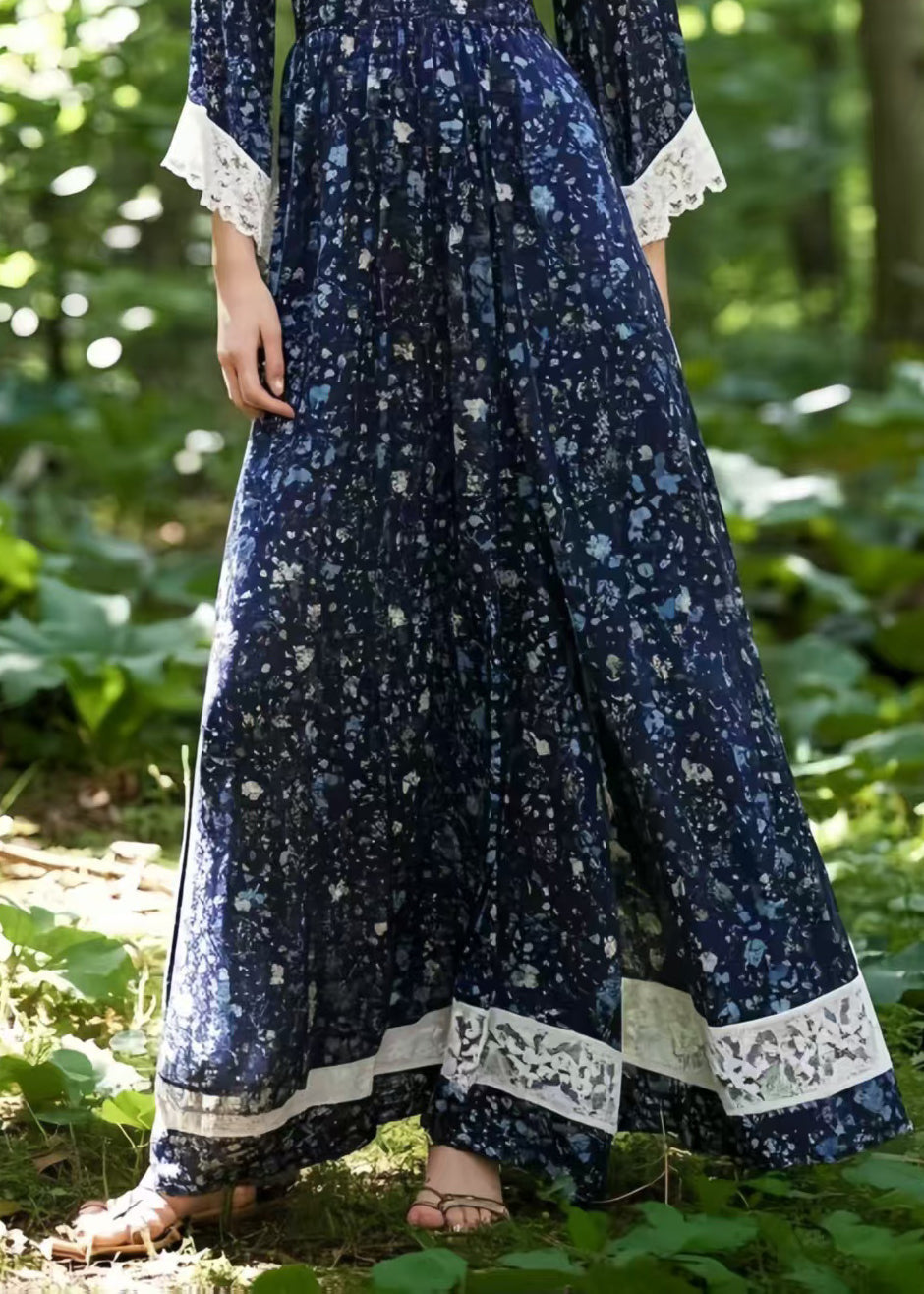 Modern Navy Print Patchwork Chiffon Long Dresses Bracelet Sleeve