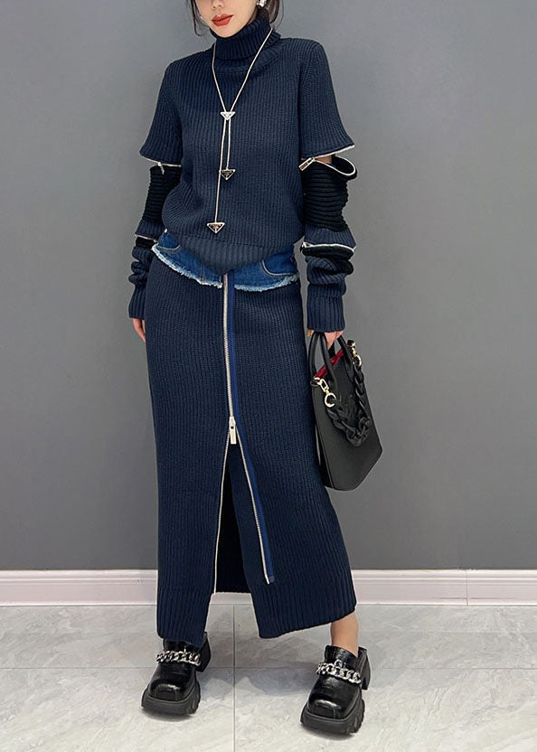 Moderne Navy Rollkragen Patchwork Reißverschluss Strick Zweiteiler Winter