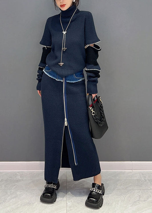 Moderne Navy Rollkragen Patchwork Reißverschluss Strick Zweiteiler Winter