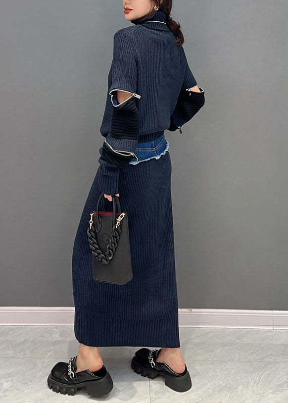 Moderne Navy Rollkragen Patchwork Reißverschluss Strick Zweiteiler Winter