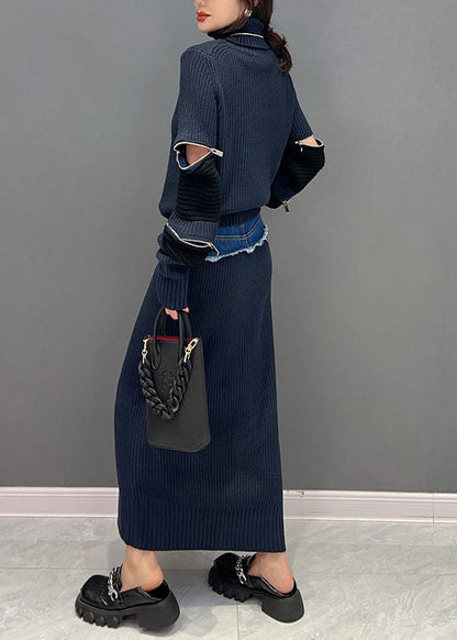 Moderne Navy Rollkragen Patchwork Reißverschluss Strick Zweiteiler Winter