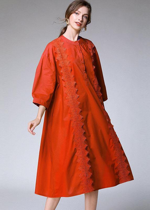 Modern Orange Embroideried Patchwork Fall Cotton Vacation Dress Three Quarter Sleeve - SooLinen
