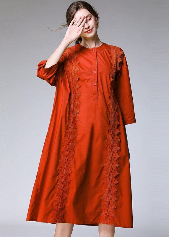 Modern Orange Embroideried Patchwork Fall Cotton Vacation Dress Three Quarter Sleeve - SooLinen