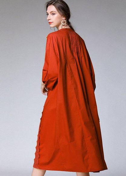 Modern Orange Embroideried Patchwork Fall Cotton Vacation Dress Three Quarter Sleeve - SooLinen
