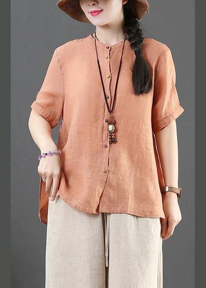 Modern Orange Stand Button Summer Shirt Top - SooLinen