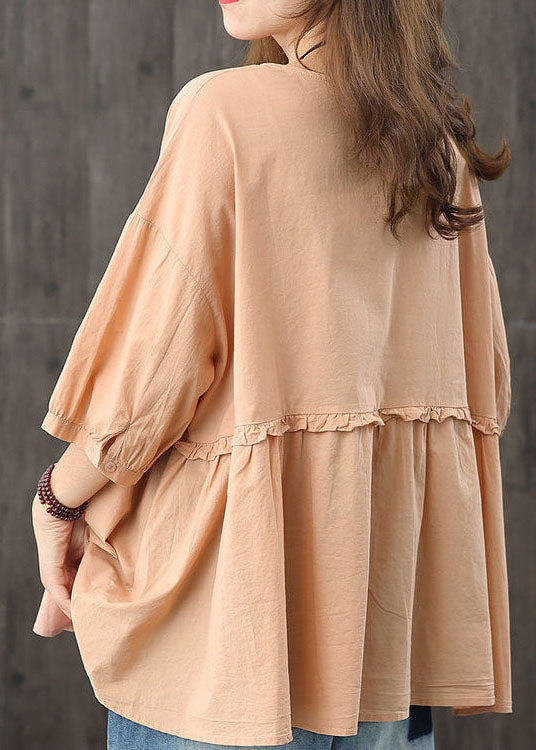 Moderne Orange V-Ausschnitt Knopf Patchwork Rüschen Herbst Shirts Halbarm