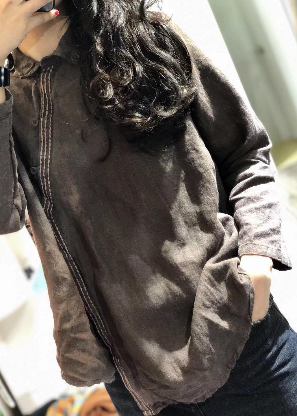 Modern POLO collar linen tunic pattern Shirts khaki blouses fall - SooLinen