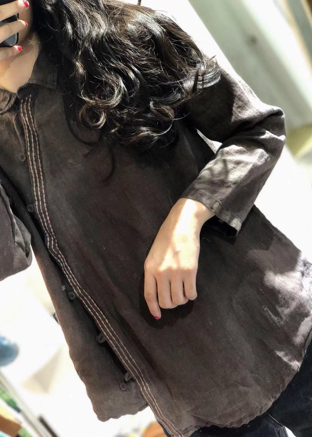 Modern POLO collar linen tunic pattern Shirts khaki blouses fall - SooLinen