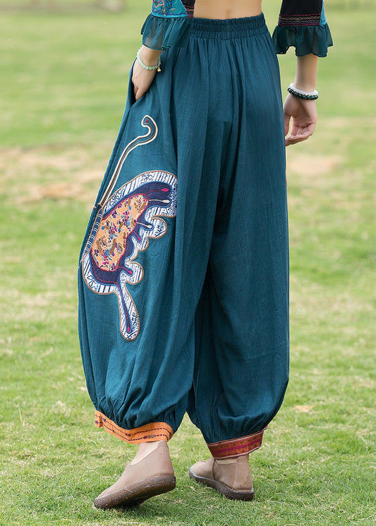 Moderne pfauenblaue Patchwork-Leinenhose mit weitem Bein