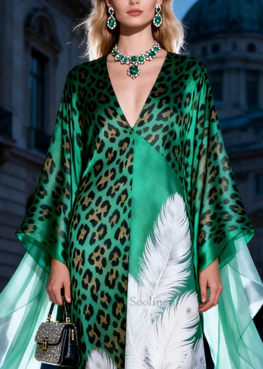 Modern Peacock Green Oversized Print Silk Long Dress Summer