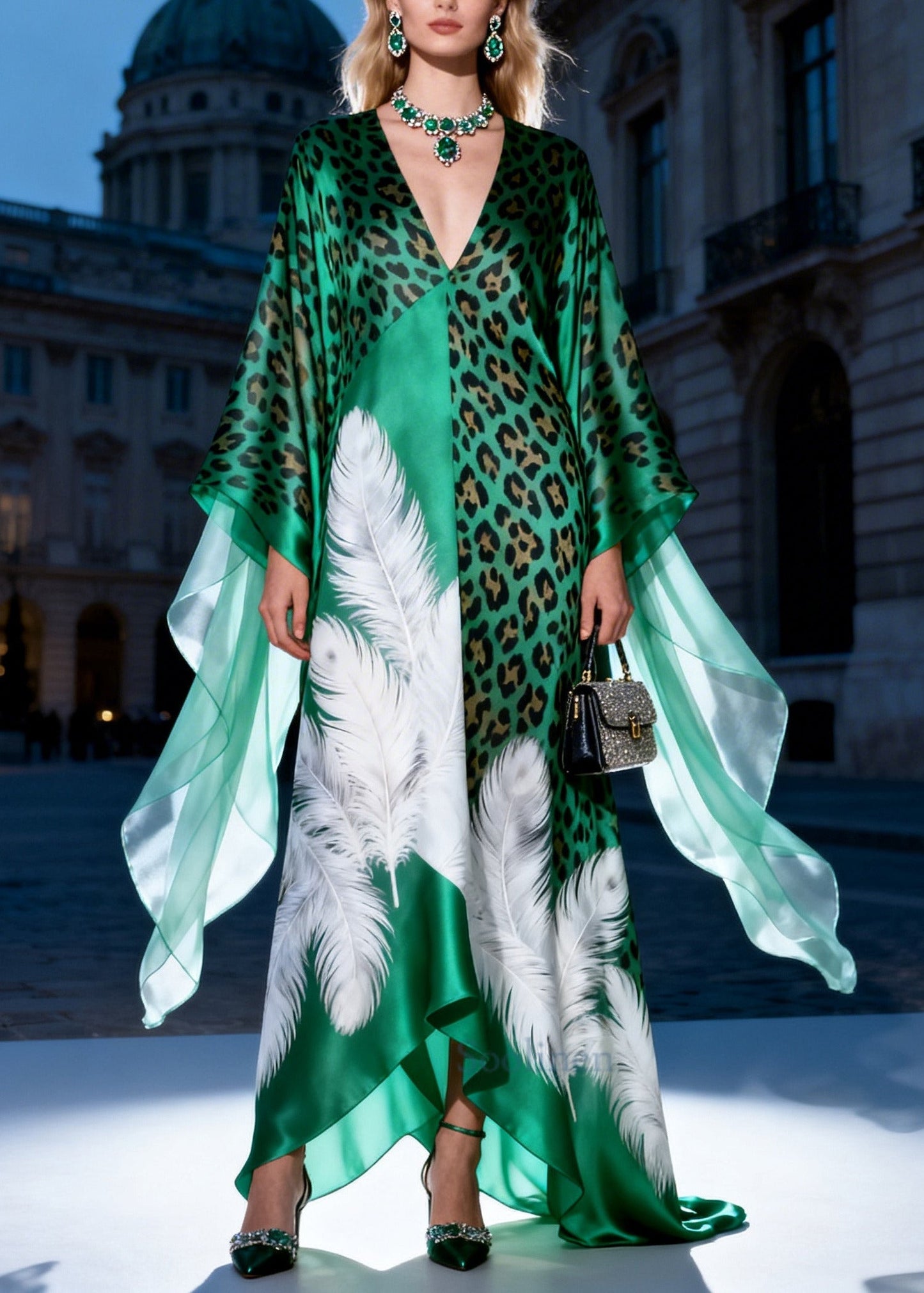 Modern Peacock Green Oversized Print Silk Long Dress Summer