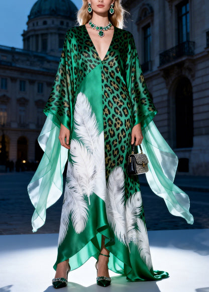 Modern Peacock Green Oversized Print Silk Long Dress Summer