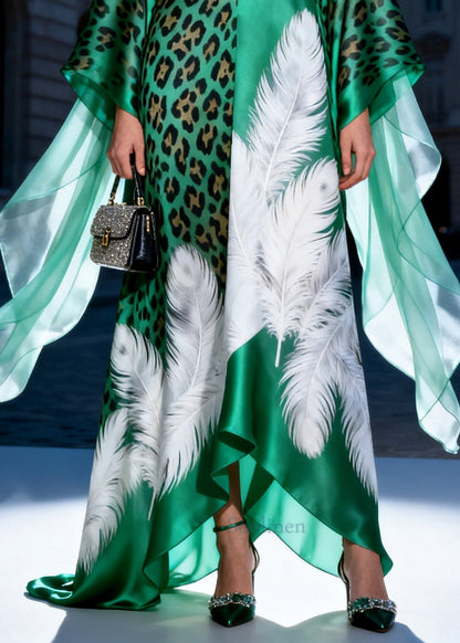 Modern Peacock Green Oversized Print Silk Long Dress Summer