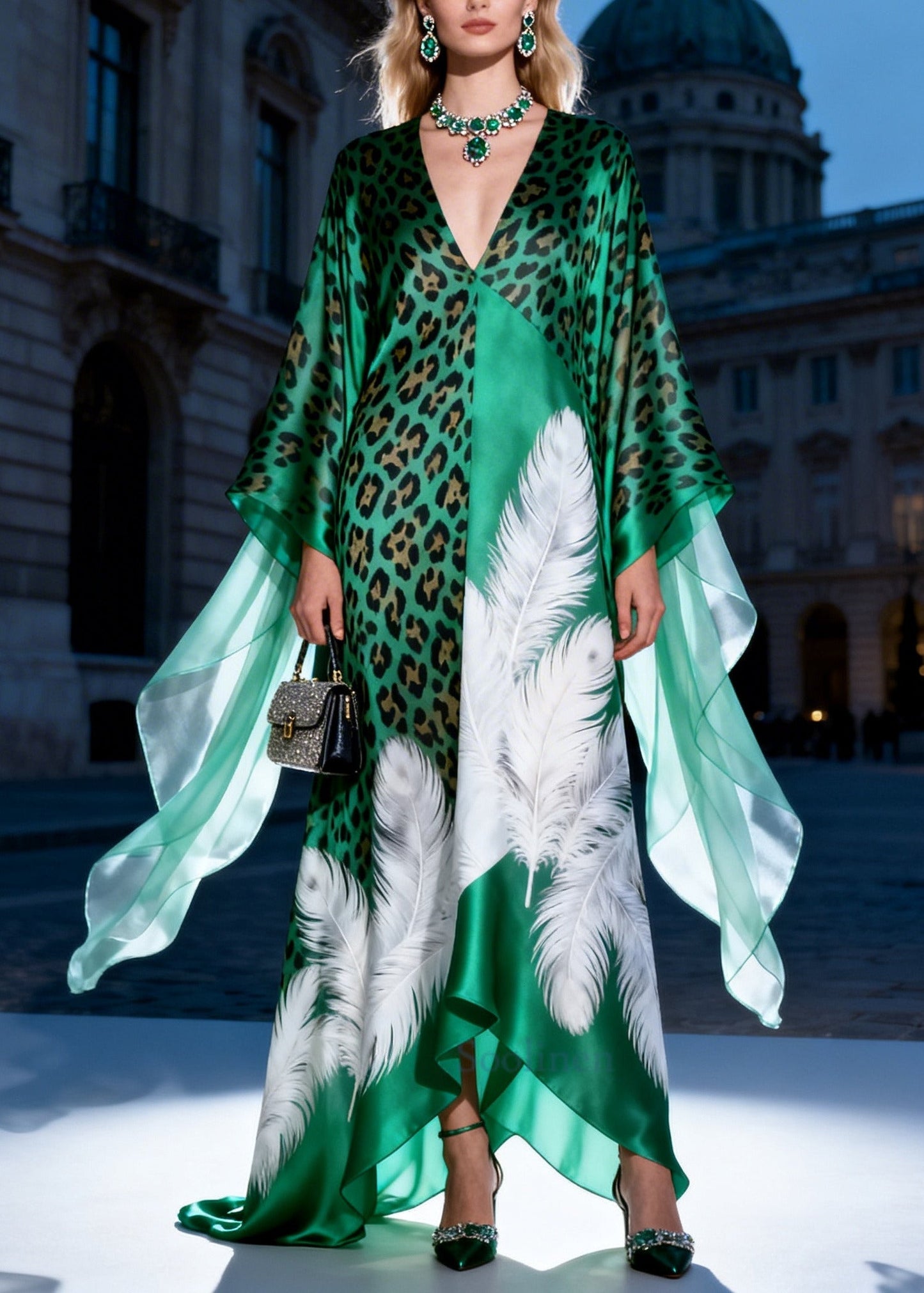 Modern Peacock Green Oversized Print Silk Long Dress Summer