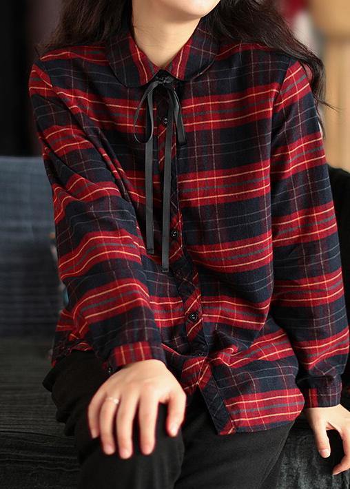 Modern Peter Pan Collar Spring Tunic Top Red Plaid Shirts - SooLinen