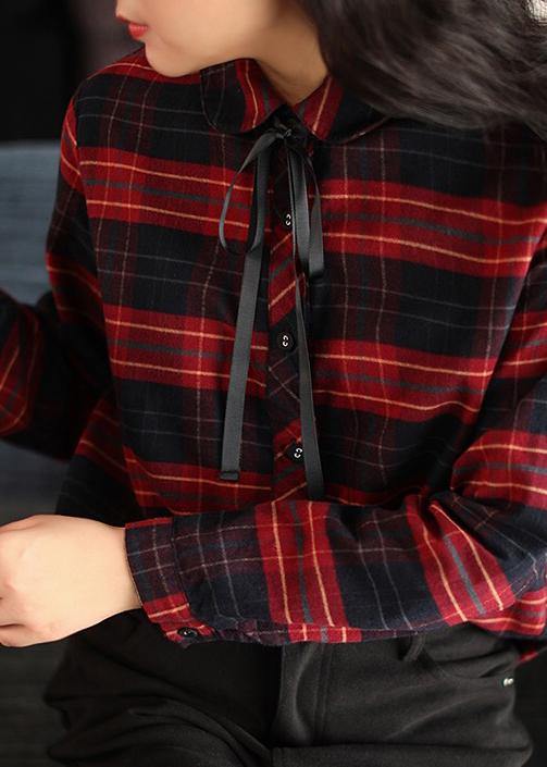 Modern Peter Pan Collar Spring Tunic Top Red Plaid Shirts - SooLinen