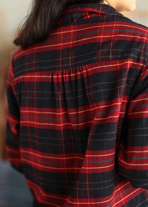 Modern Peter Pan Collar Spring Tunic Top Red Plaid Shirts - SooLinen