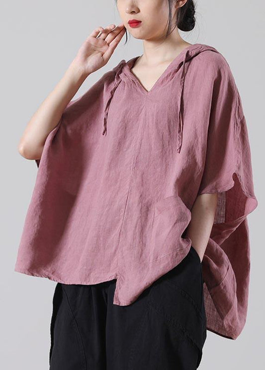 Modern Pink Batwing Sleeve Cotton Linen Summer Top - SooLinen