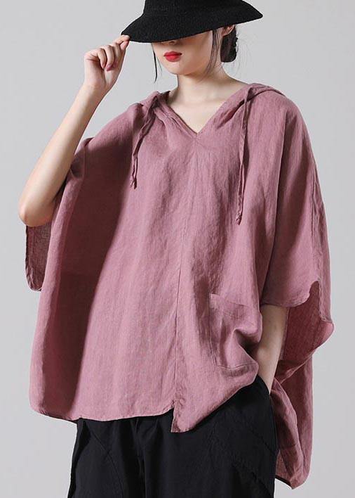 Modern Pink Batwing Sleeve Cotton Linen Summer Top - SooLinen