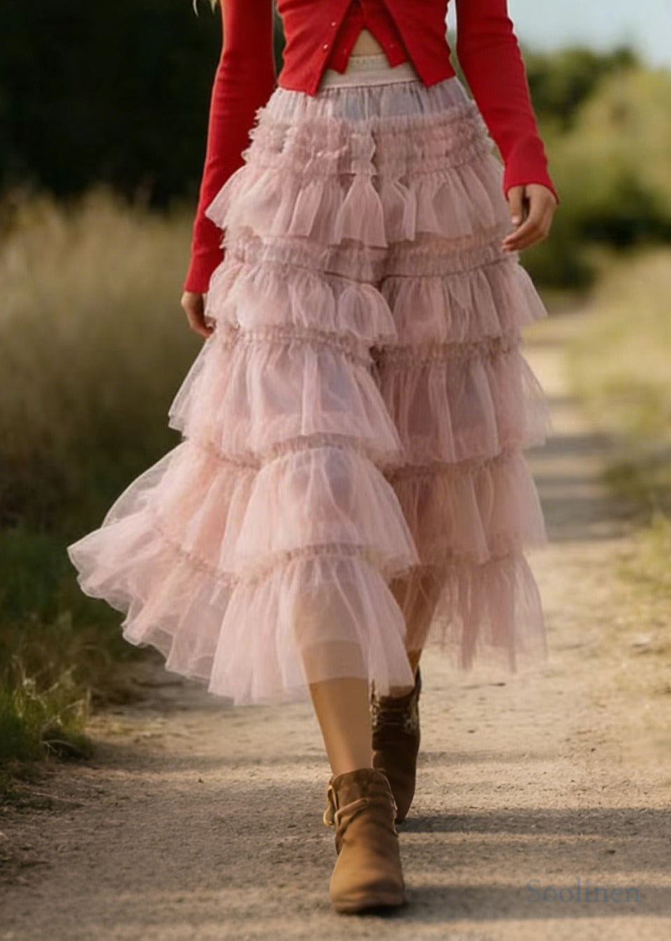 Modern Pink Elastic Waist Patchwork Multi-laye Tulle Skirts Spring
