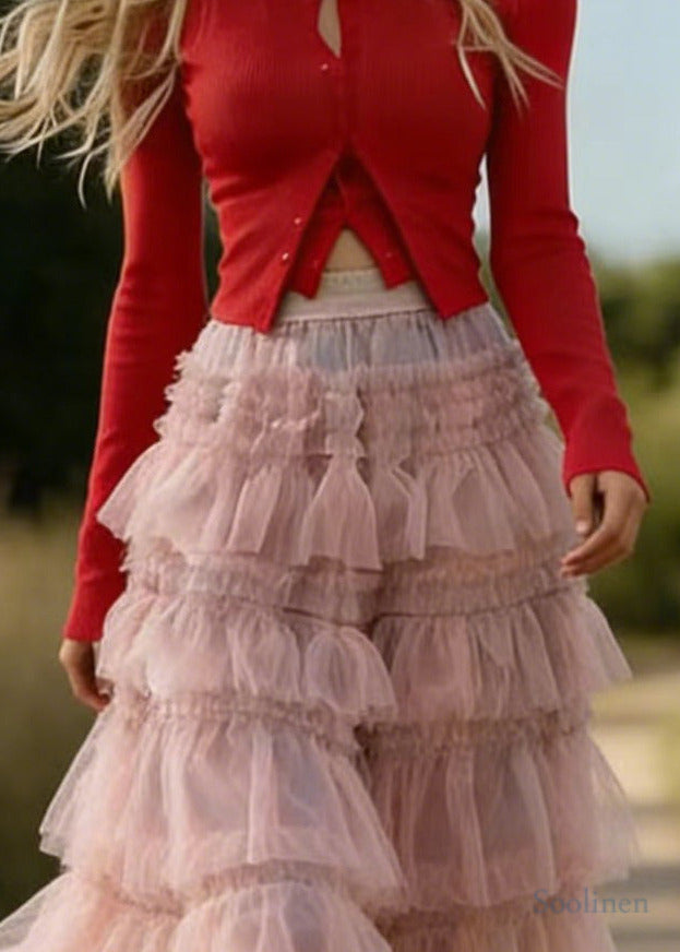 Modern Pink Elastic Waist Patchwork Multi-laye Tulle Skirts Spring