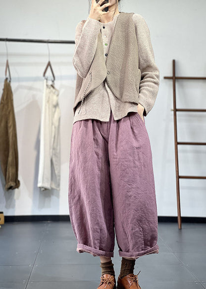 Moderne rosa elastische Taille Taschen feine Baumwolle gefüllt weite Beinhose Winter