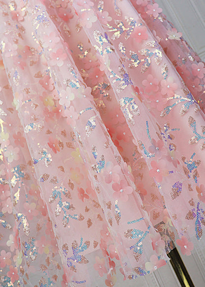 Moderne Rosa Bestickte Blumen Hohe Taille Pailletten Tüll Maxi Rock Frühling