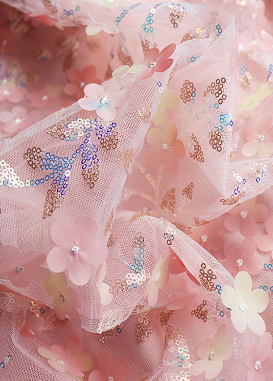 Moderne Rosa Bestickte Blumen Hohe Taille Pailletten Tüll Maxi Rock Frühling