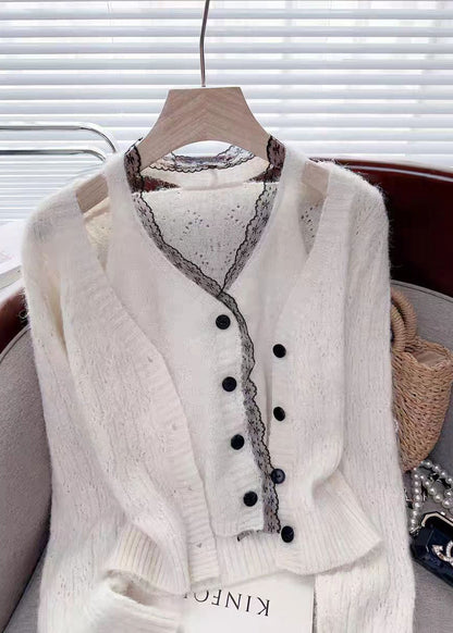 Suéteres de punto de dos piezas con patchwork de encaje rosa moderno para primavera